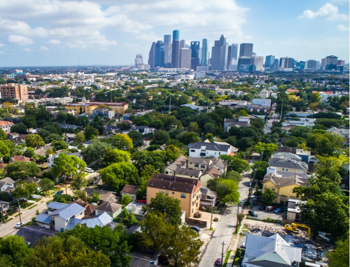 An aerial view of downtown Houston and adjacent neighborhoods.