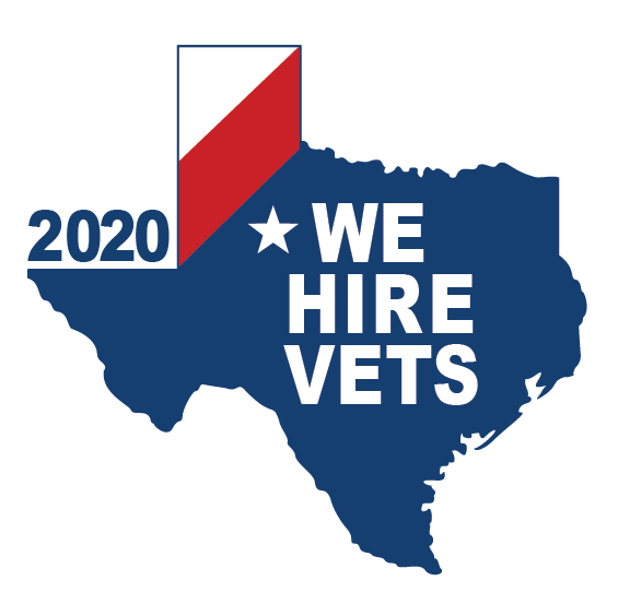 A red, white, and blue Texas with the text "We Hire Vets".